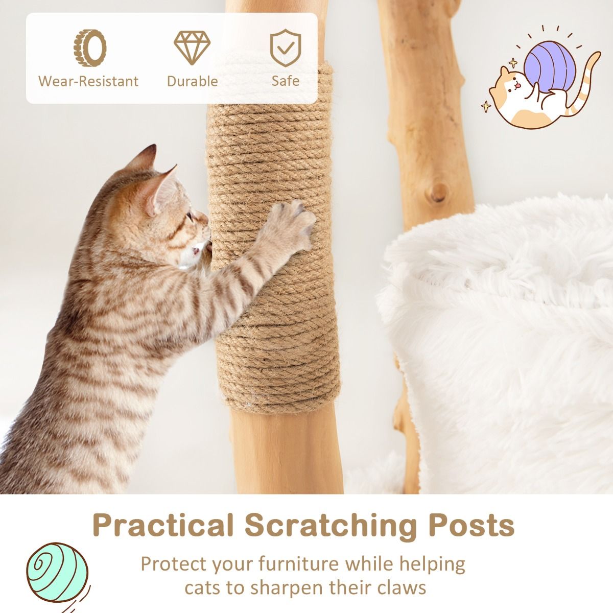 Arbre à chat Coast - Bois massif et jute - 5 niveaux - Naturel et blanc - 124 cm