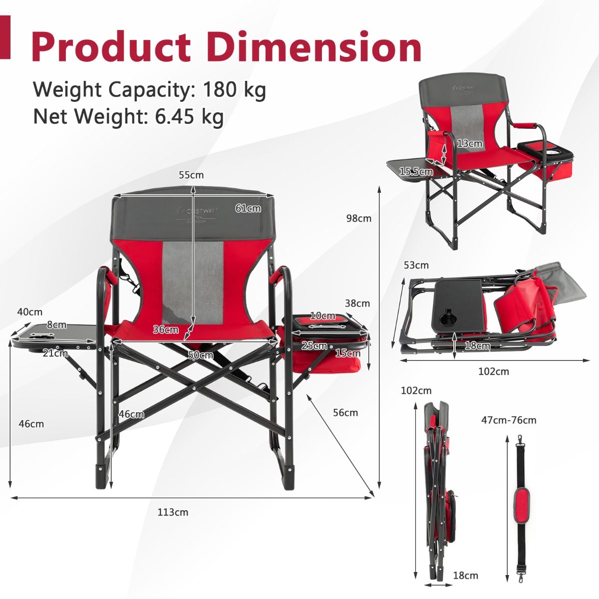 Chaise de camping Coast - avec table d'appoint et glacière - pliable - rouge