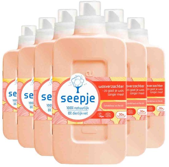 Adoucissant Seepje au bois de santal et à la pêche - 180 cycles de lavage - 6 x 750 ml - Lot économique