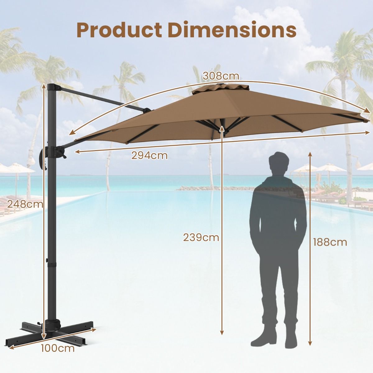 Parasol rond Coast - Réglable sur 5 positions - Pivotant à 360° - Mât en aluminium - 308 x 248 cm - Marron