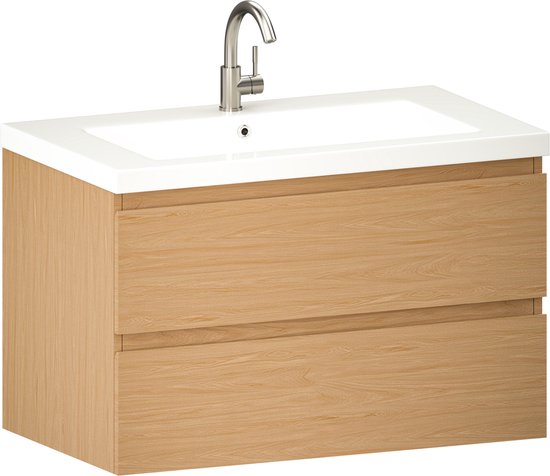 Meuble de salle de bains Mirlux en chêne clair 80 cm - Lavabo blanc - Ensemble de meubles de salle de bains - Meuble sous-lavabo en chêne clair