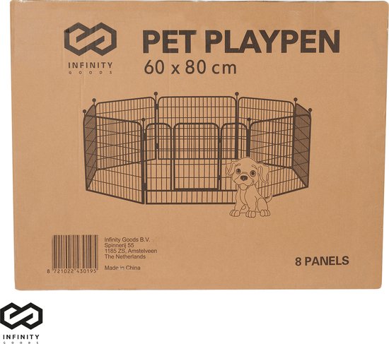 Infinity Goods Hondenren - Puppyren - 8 Panelen - 60 x 80 CM - 480 CM Omtrek - Opvouwbaar - Met Deur - Staal - Zwart