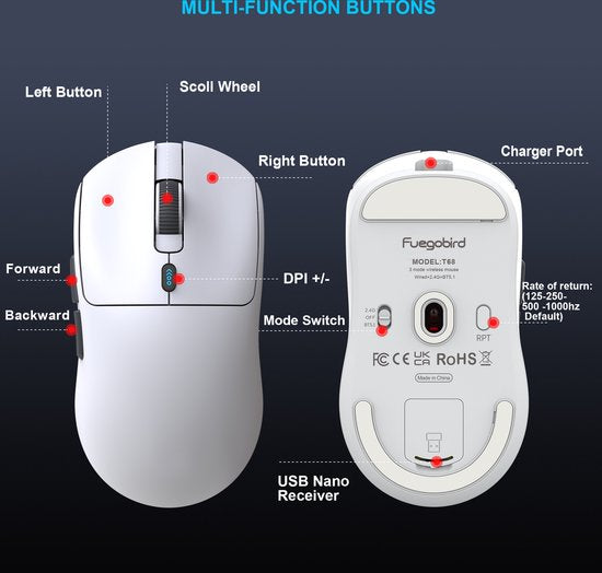 Souris gaming Fuegobird T68 – Ultra-légère (54 g) – Sans fil tri-mode – 12 000 DPI – Rechargeable via USB-C – Ergonomique – Blanche