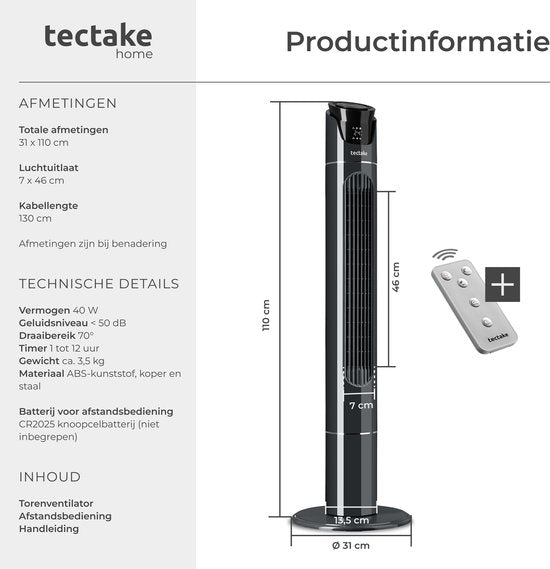 tectake® Grand ventilateur avec télécommande - 110 cm - Ventilateur oscillant à 3 vitesses - Ventilateur colonne - Ventilateur sur pied silencieux avec différents modes de ventilation + minuterie - Rafraîchisseur d'air - Noir