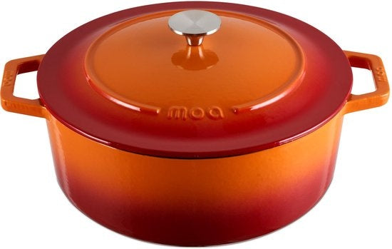MOA Casserole en fonte - Capacité 7,2 litres - 30CM - Ronde - Toutes sources de chaleur - Egalement pour induction - Poids 7,3 kg - Orange Rouge - C30OR