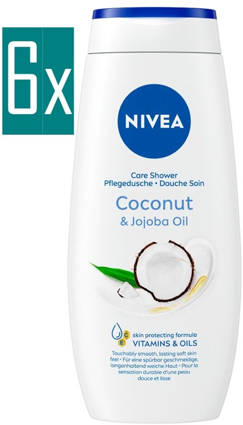 Soins personnels Soins du corps Produits pour le bain et la douche Crèmes de douche Crème de douche NIVEA à l'huile de noix de coco et de jojoba - Gel douche au parfum de noix de coco - À la vitamine C et E - Format économique - 6 x 500 ml