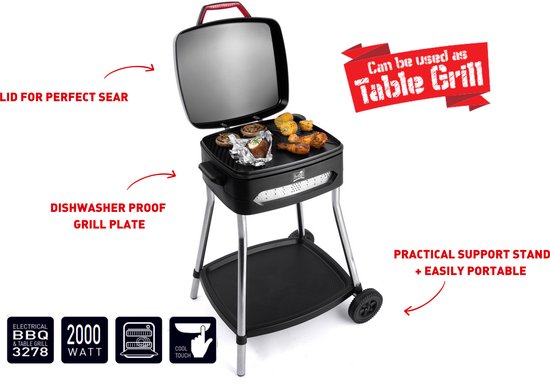 FRITEL barbecue BBQ 3278 - Barbecue électrique / Grill de table - Grande surface de cuisson : 40 x 36 cm - 2 000 W - Plaque amovible + piétement