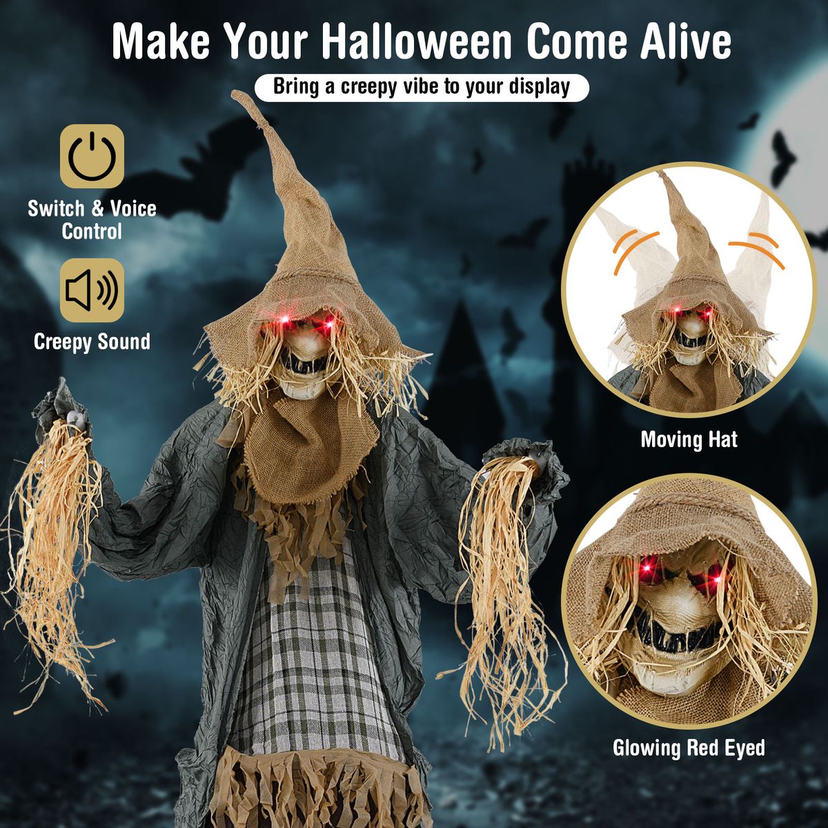 Épouvantail Coast Halloween - animé - à détection de bruit - yeux lumineux - 213 cm
