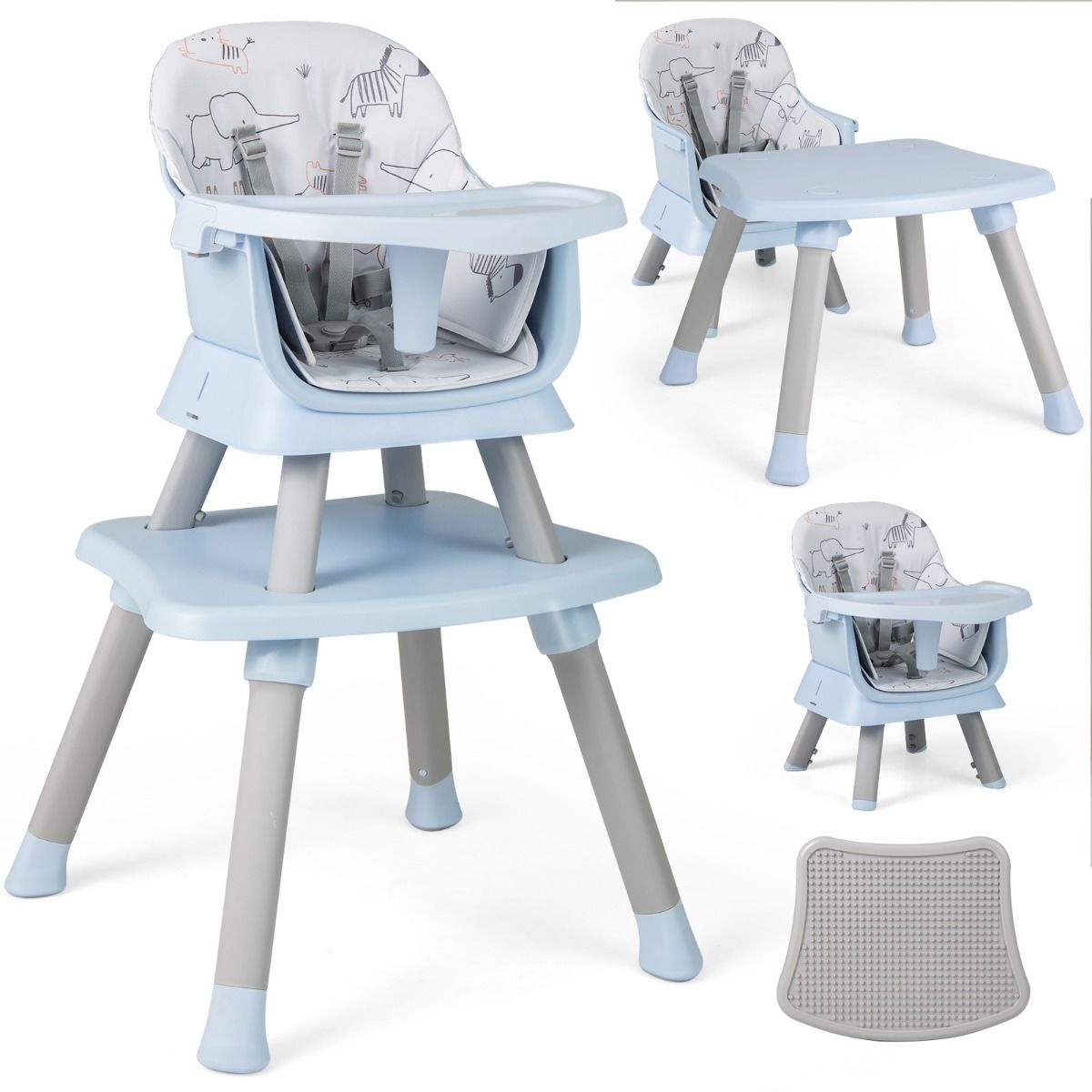 Chaise haute Coast 6-en-1 - Rehausseur et table à blocs de construction - Avec tabouret et harnais à 5 points - Gris clair