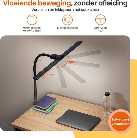 Goliving Lampe de bureau avec pince XL - 78 CM - LED dimmable avec télécommande - Lampe à pince - Lampe de table - Lampe de lecture - Flexible - Lampe LED - Touch Control - Softclose - Noir