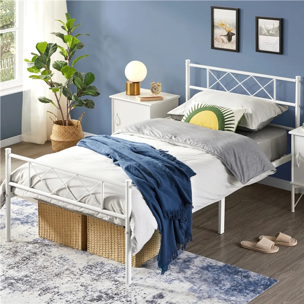 Yaheetech Cadre de lit 90 × 190 cm - Métal blanc - Lit simple avec tête de lit X-Design, sommier à lattes et espace de rangement de 32,5 cm