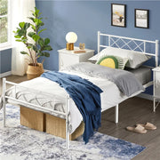 Yaheetech Cadre de lit 90 × 190 cm - Métal blanc - Lit simple avec tête de lit X-Design, sommier à lattes et espace de rangement de 32,5 cm