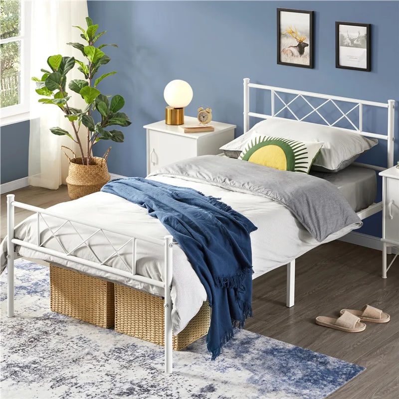 Yaheetech Cadre de lit 90 × 190 cm - Métal blanc - Lit simple avec tête de lit X-Design, sommier à lattes et espace de rangement de 32,5 cm