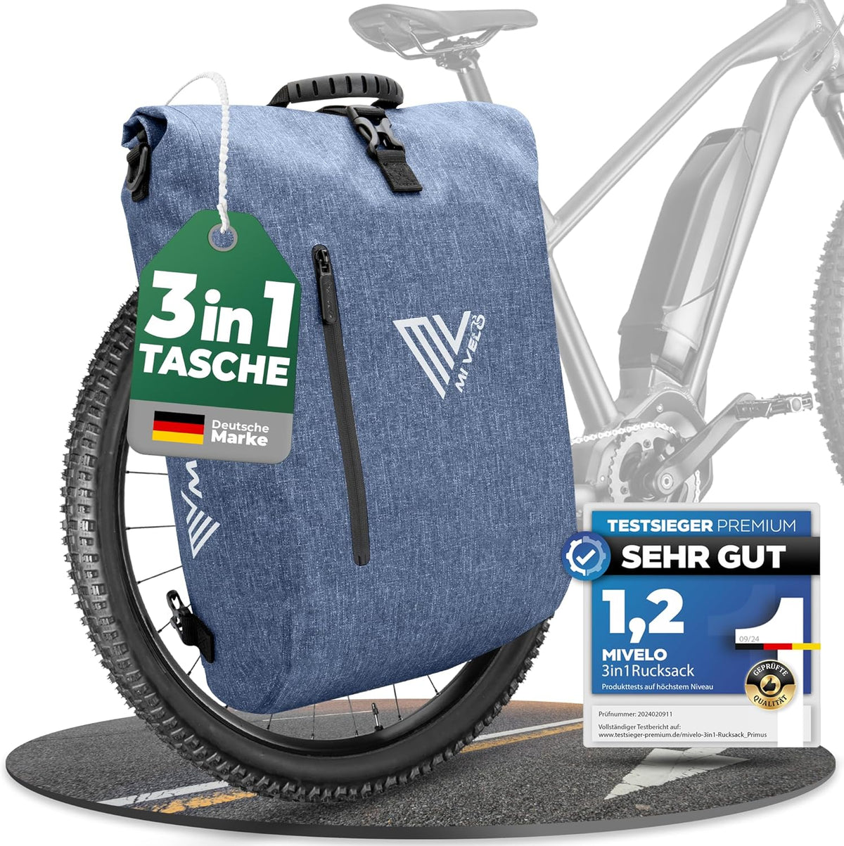 MIVELO Sacoche à vélo étanche 3-en-1 avec compartiment pour ordinateur portable et serrure - sans PVC - Bleu Jeans - 20 L