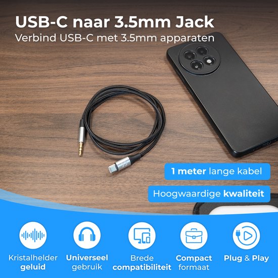 Câble Nuvance AUX vers USB-C - Câble AUX USB-C - 1 mètre - USB-C vers AUX - Nylon tressé - USB-C AUX - USB-C vers jack