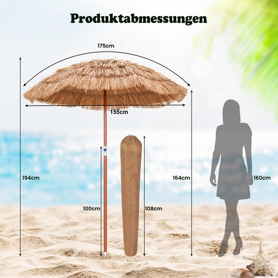 COSTWAY Parasol Hawaii, Base de parasol non incluse, paravent de plage inclinable, paravent de jardin, hauteur réglable, protection contre les UV, parasol en paille pp, parasol de marché, naturel, 155 cm