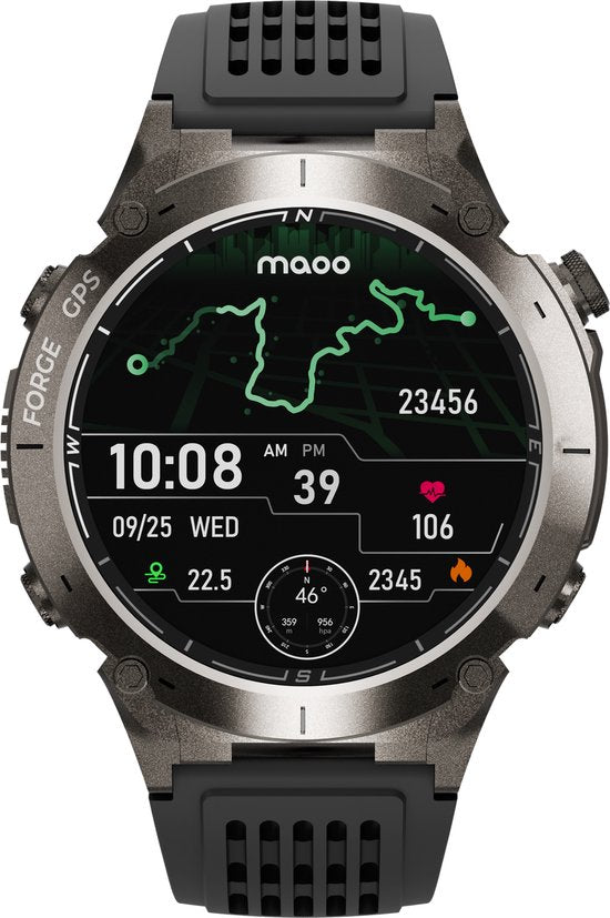 Maoo FORGE - GPS Smartwatch Homme - Ecran AMOLED 1,43" - 3 bracelets - GPS (5 satellites) - Fonction cloche - Batterie 730mAh (longue durée de vie) - 170+ modes sport - Fréquence cardiaque, pression artérielle, SpO2, podomètre - Boussole, Lampe de poche -