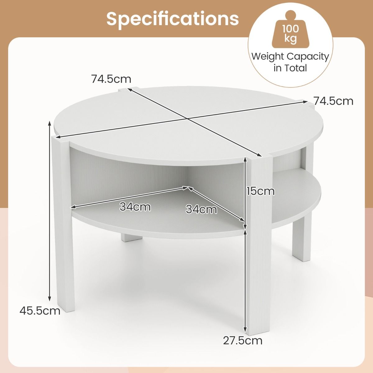 Table basse ronde Coast - avec espace de rangement - 4 étagères - blanche 74,5 x 74,5 x 45,5 cm
