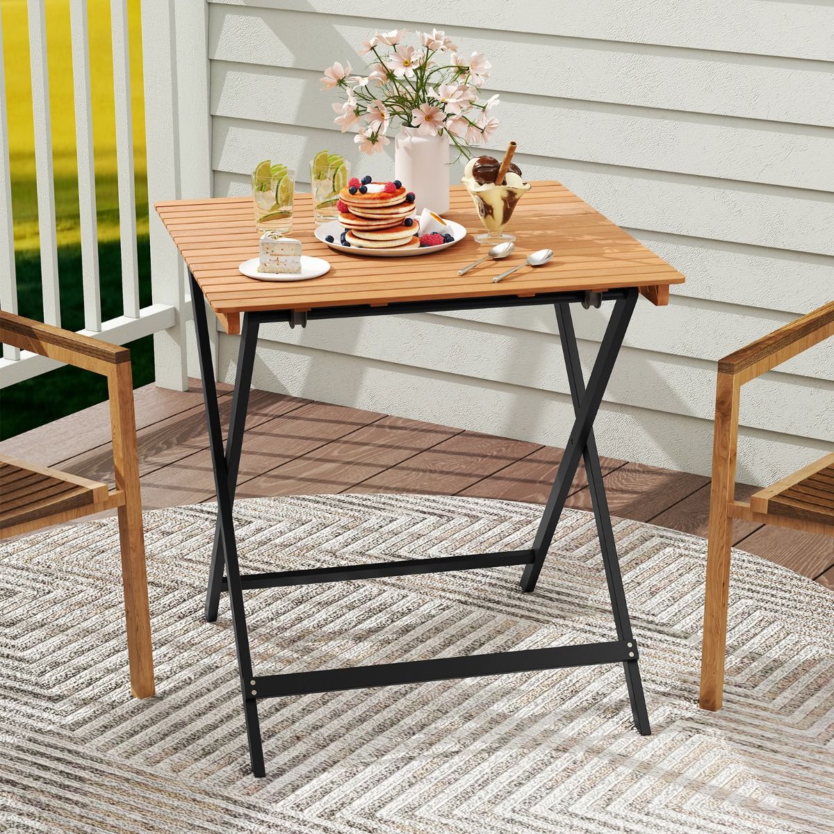 Table d'appoint pliable Coast - Structure en X - Bois d'acacia - Naturel et noir - 70 x 70 x 73 cm