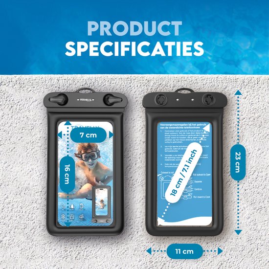 Travelly® Waterproof Phone Case Set of 2 - Universal Underwater Case for Smartphone - Convient à tous les téléphones - Drybag - Pour les vacances, la natation et les sports nautiques - Noir/Bleu