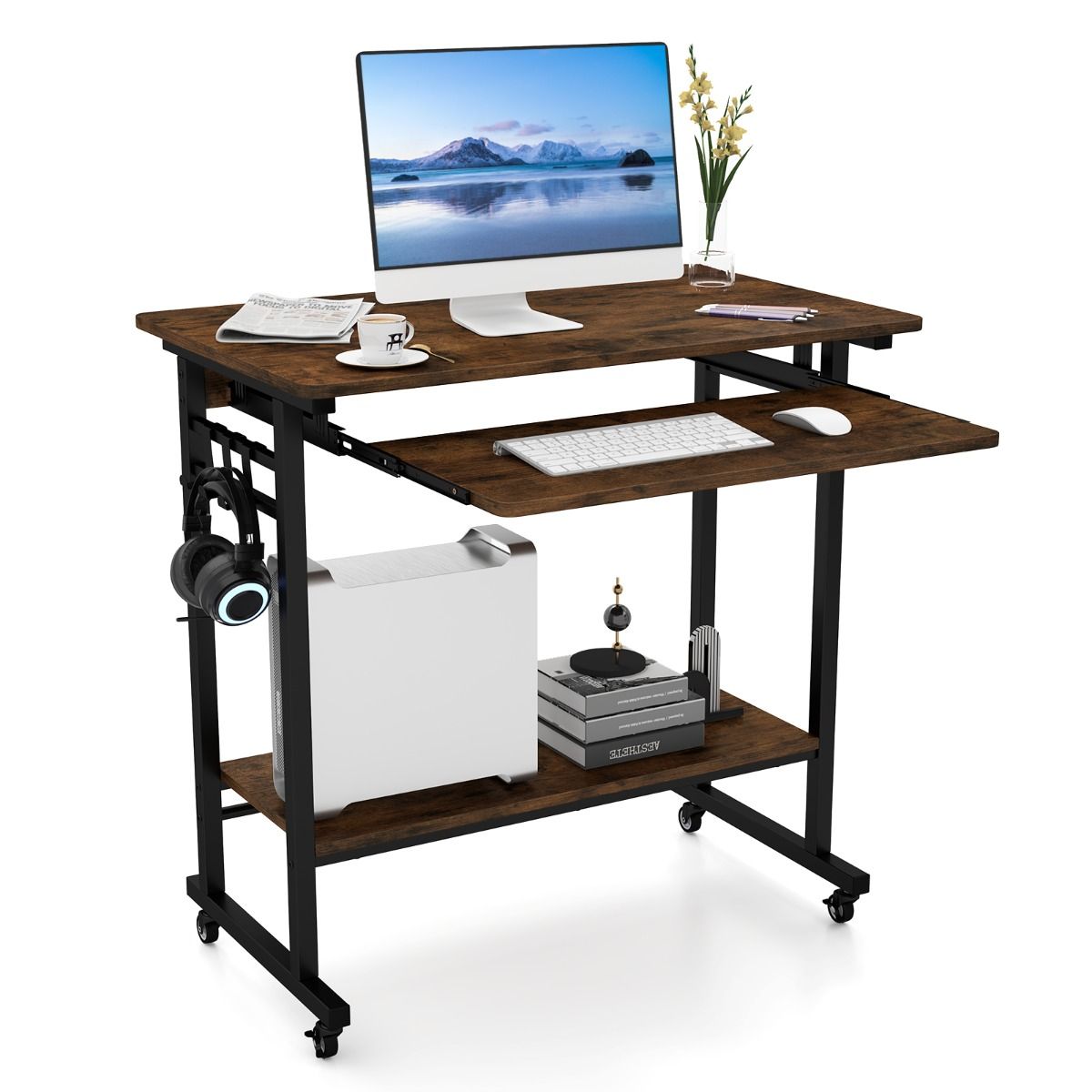 Table d'ordinateur Coast sur roulettes - avec tablette pour clavier et étagère de rangement - marron vintage - 80 x 50 x 78 cm