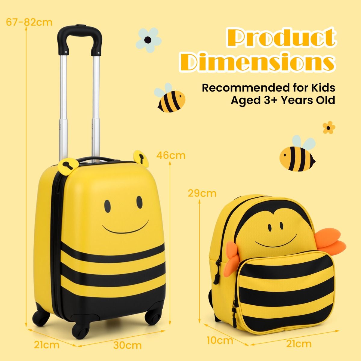 Ensemble valise et sac à dos pour enfant Coast - Thème des abeilles - Avec roulettes et cordon anti-perte - Jaune