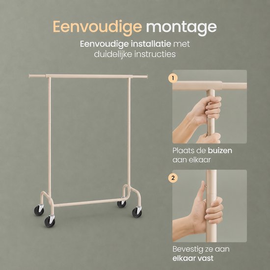 Porte-vêtements O'DADDY® - Porte-vêtements à roulettes - Porte-vêtements en métal - Porte-vêtements - Porte-vêtements - Portemanteau - Tringle à vêtements - Porte-vêtements - Tringle télescopique - Tringle réglable - Stable jusqu'à 130 kg - Beige