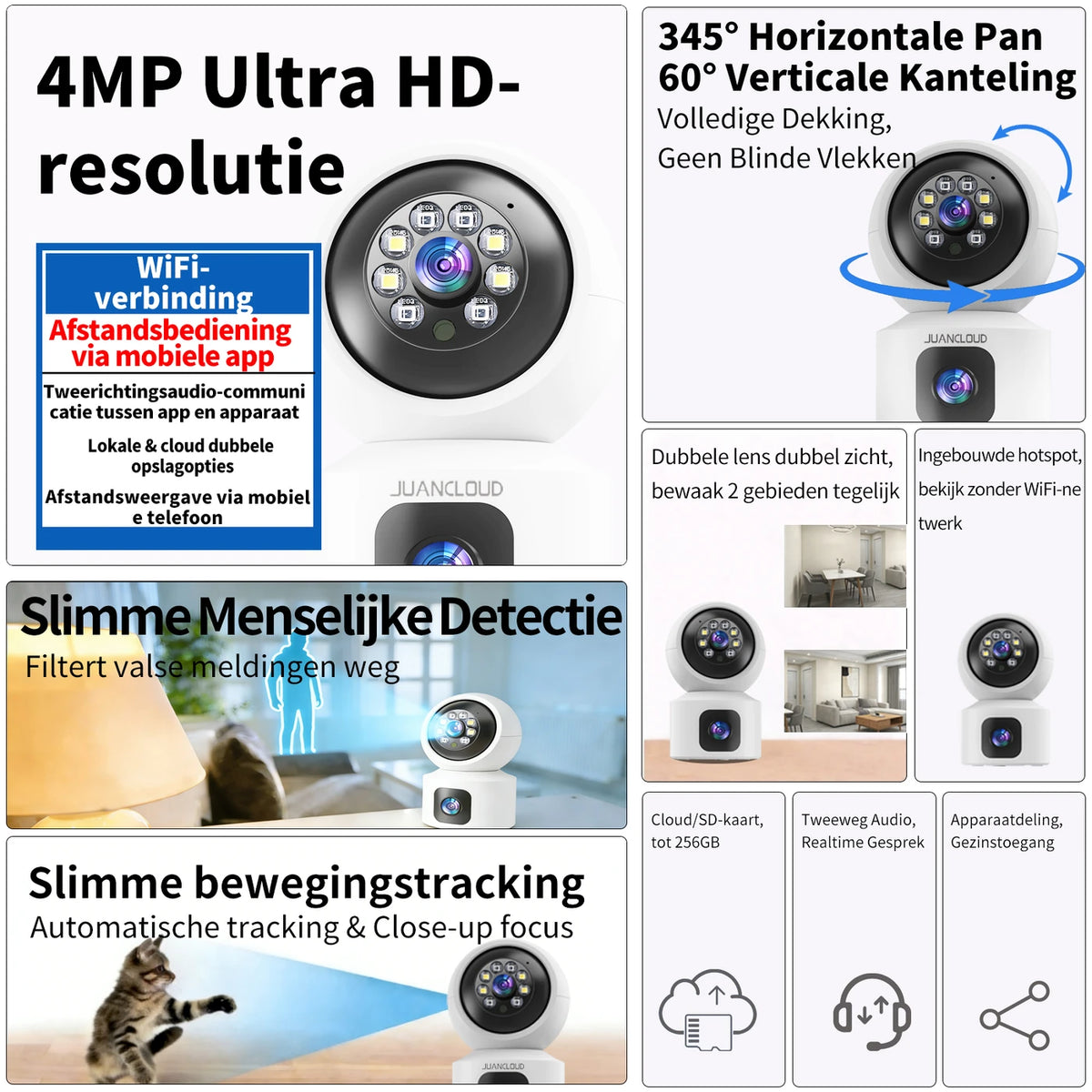 Caméra de sécurité d'intérieur Juancloud à double objectif - 2K Ultra HD avec vision nocturne - Audio bidirectionnel et détection de mouvement par IA - Blanc