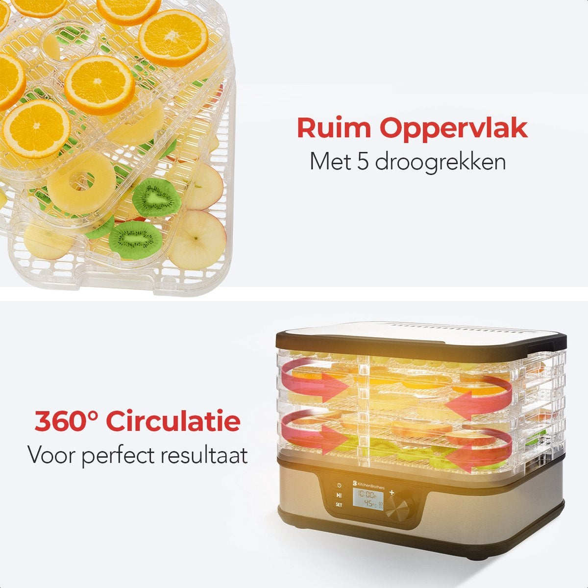 Séchoir à aliments - KitchenBrothers - électrique 380W - 5 couches - 9 niveaux de chaleur - 35°C à 75°C - minuterie - acier inoxydable/noir