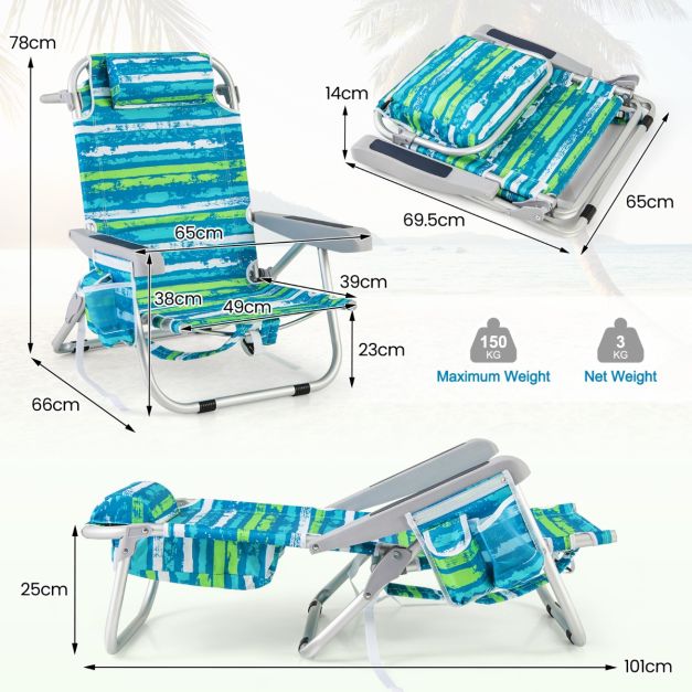 Chaise de plage confortable Coast avec dossier réglable en 5 positions, pliable, structure légère en aluminium, porte-gobelet et compartiments de rangement - Bleu/Vert, 66x65x78 cm