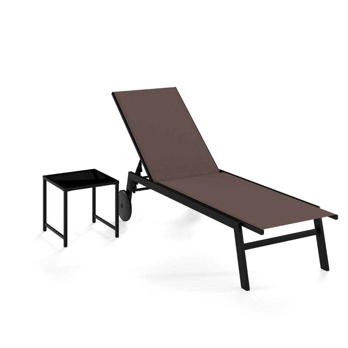 Chaise longue de jardin Coast avec table d'appoint - dossier réglable sur 6 positions - roulettes - marron