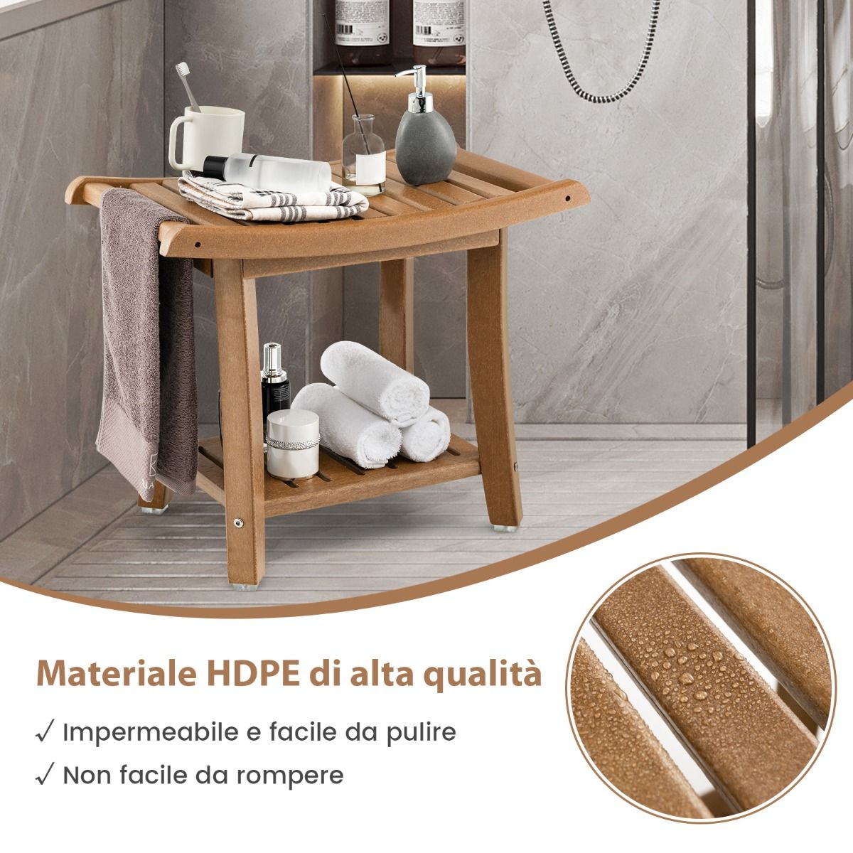 Tabouret de douche Coast - étanche - assise incurvée - tablette de rangement - marron - 60,5 x 34 x 48 cm