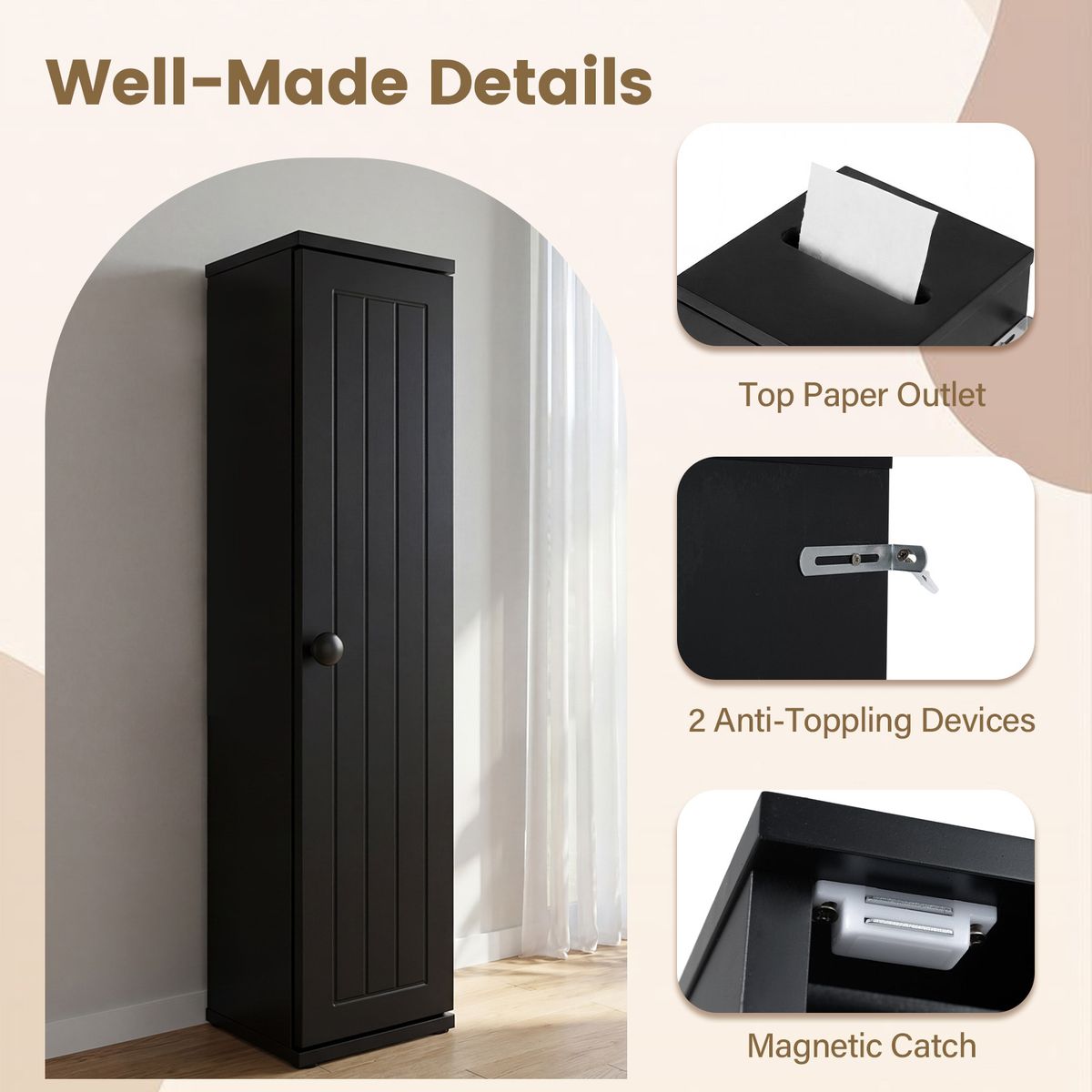 Armoire de salle de bains Coast Smalle - étagères réglables et amovibles - 16 x 17 x 69 cm - noir