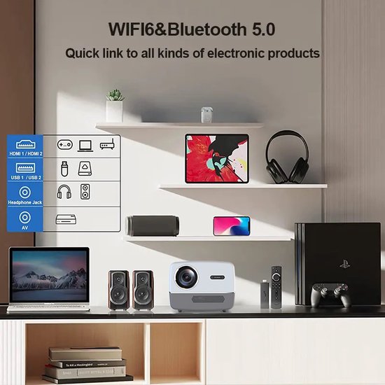 Fuegobird A6 Beamer - 1080P Full HD - Projecteur Smart Home - Support 4K - Android TV 9.0 - 450 ANSI - Streaming avec IOS & Android - Autofocus et 4D keystone - 2GB RAM+32GB ROM - WiFi6 - 2.4G/5G WiFi - BT5.0 - Netflix/Prime Video/Youtube - Gris
