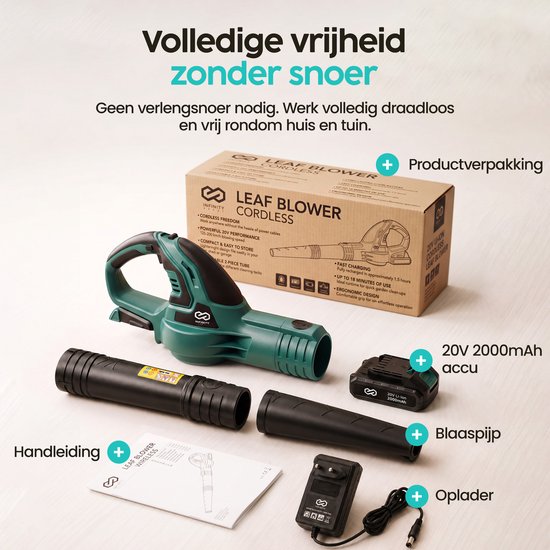 Souffleur à batterie Infinity Goods 20 V - Souffleur - Vitesse de l'air : 280 km/h - Batterie incluse - Très puissant