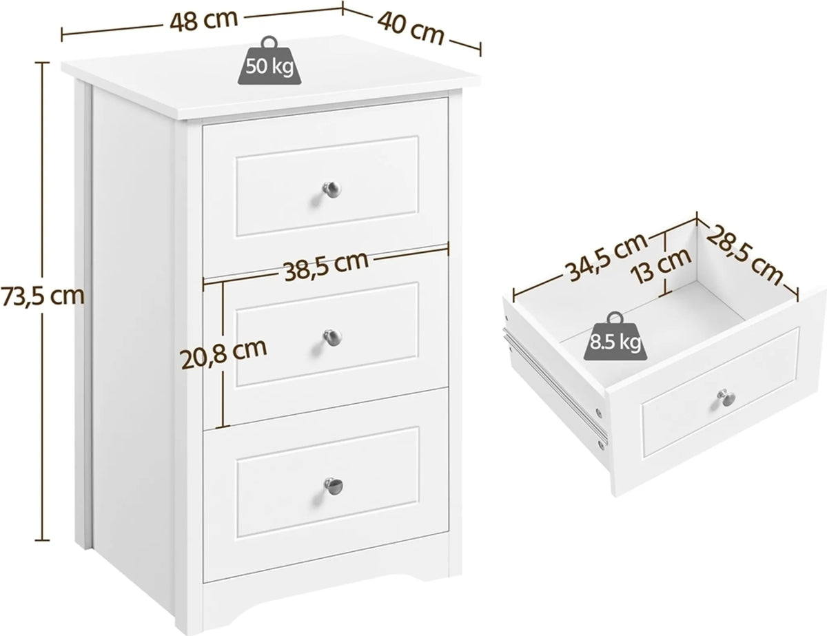 Table de chevet Yaheetech à 3 tiroirs - À placer à côté de votre lit à sommier - 48 x 40 x 73,5 cm - Blanc