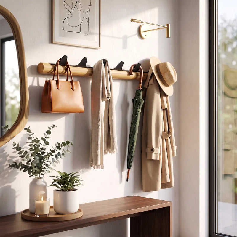 Porte-manteau Wkapanou avec 6 crochets – Bois d'hévéa certifié FSC et aluminium – Jusqu'à 30 kg