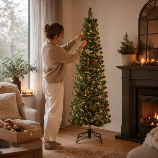 Black Box Trees Charlton : petit sapin de Noël avec minuterie et fonction de variation d'intensité lumineuse - Décoration de Noël d'intérieur pour les fêtes de fin d'année - Sapin artificiel à charnières - H 215 x Ø 56 cm - Vert