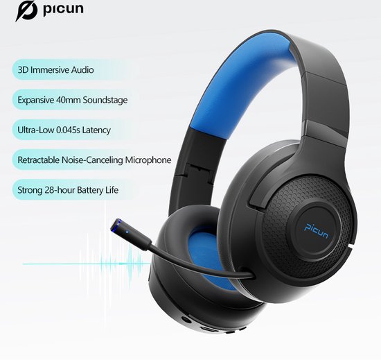 Picun BG-01 Casque Sans Fil - Casque Gaming - Over-ear - Double mode (Câblé/Bluetooth) - Multi-plateforme - Noir bleu