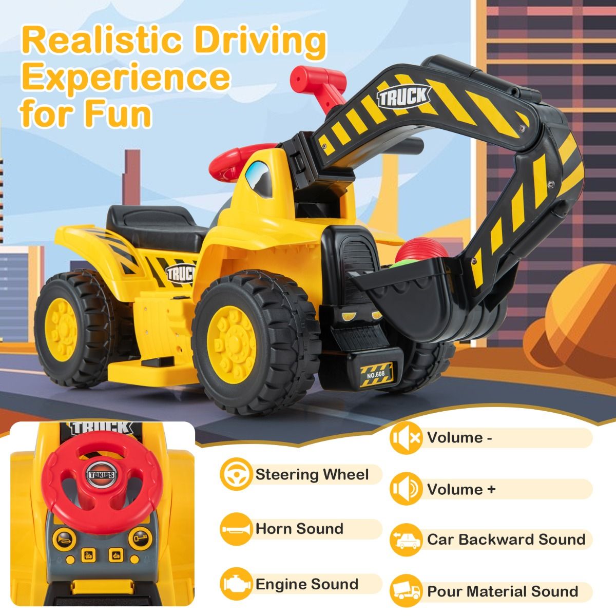 Pelleteuse électrique Coast pour enfants - Avec godet orientable - Effets sonores - Jaune et noir