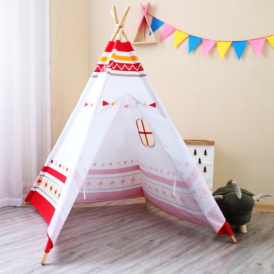 Tente tipi Sunny LED rouge/blanche - 60 LED - piquets en bois certifiés FSC - 120 x 120 x 160 cm