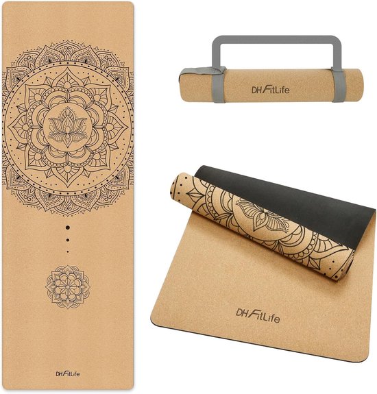 Tapis de yoga en liège DH FitLife - Mandala Harmony - 183 x 61 cm - 6 mm - Avec sangle de transport