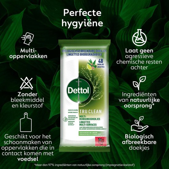Dettol Tru Clean - Lingettes multi-usages - Eucalyptus et citron vert - Biodégradables - 48 lingettes par paquet