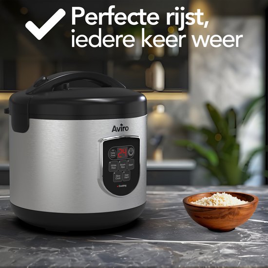 Aviro Rice Cooker - Slowcooker - 1,2L - 7 Fonctions - Fonction maintien au chaud - Cuiseur de riz - Antiadhésif - Multicuiseur - 2-6 personnes - acier inoxydable