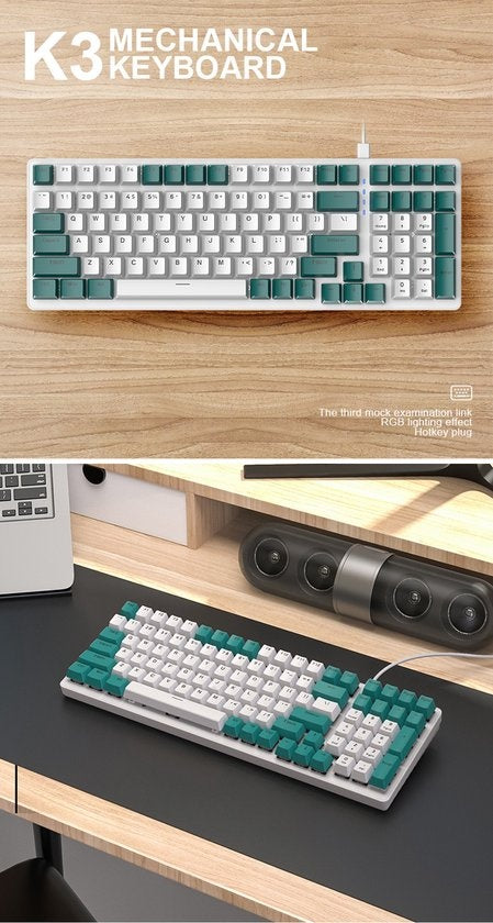 Clavier de jeu mécanique Fuegobird K3, 100 touches, QWERTY, Clavier mécanique rétroéclairé RVB, Vert