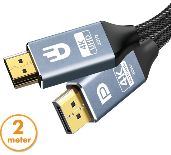 Drivv. Câble Premium Displayport vers HDMI - 4K 30hz - Nylon - 2 mètres - Gris
