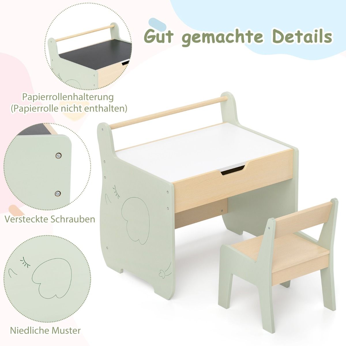Ensemble de table pour enfants Coast 3-en-1 - avec plateau réversible et espace de rangement dissimulé - vert