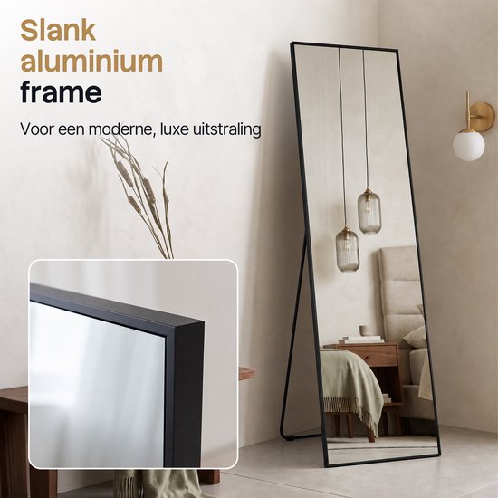 Infinity Goods Miroir en pied - Miroir mural - Miroir rectangulaire sur pied - Bordure métallique luxueuse - 160 x 40 cm - Noir