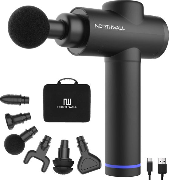 Pistolet de massage - Northwall - Avec étui + 6 Têtes de massage - Sans fil - 12,6 V- Noir