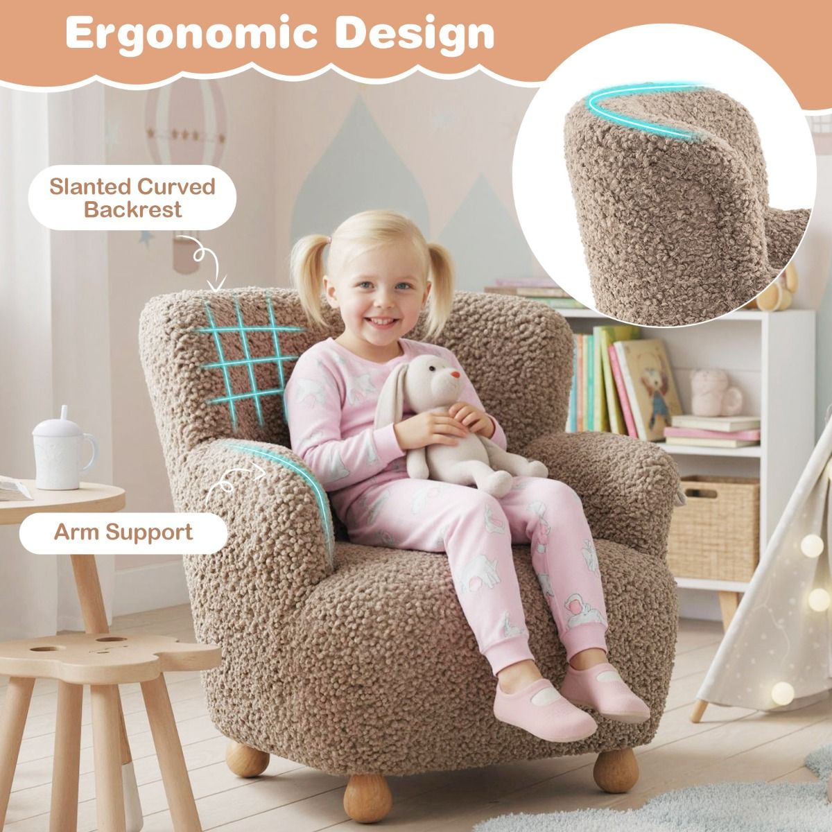Fauteuil pour enfant Coast avec dossier - pieds en bois - chaise rembourrée pour enfant - marron clair